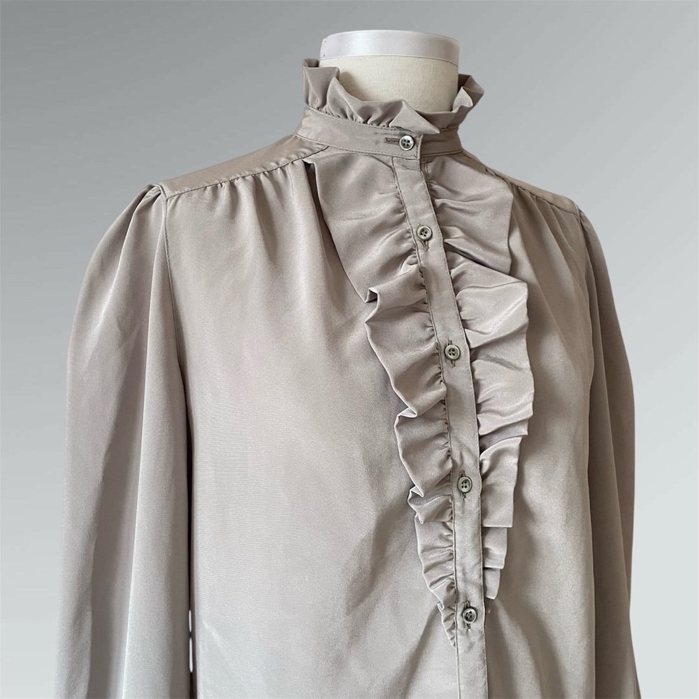 Vintage ESCADA 80s Ruffled High-Neck & Bib Gray Button Designer Blouse